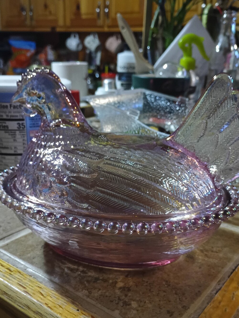 Iridescent  Lavender Carnival Glass Hen On Nest 7"   - Vintage Style
